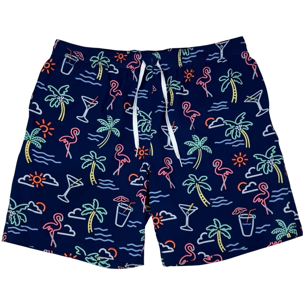 Chubbies Swim Trunks Neon Flamingo Tropical Print Men XXL 7" Navy Nautical Beach